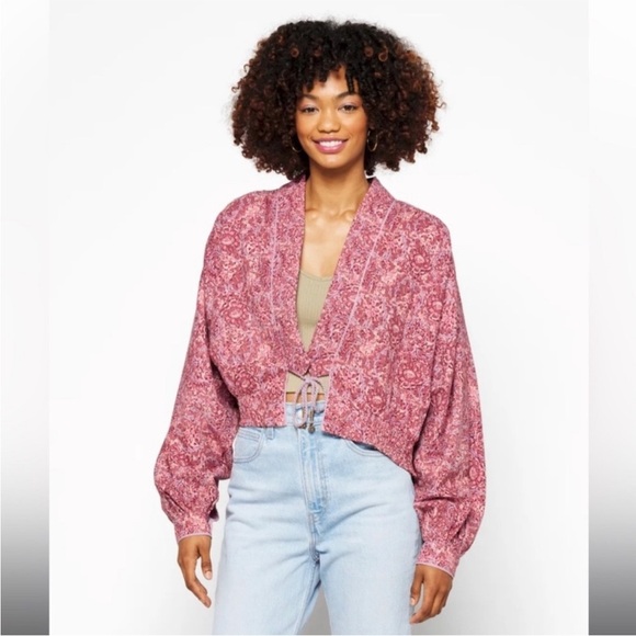 Free People Rosalina Tie‎ Front Jacket Barbie Core Cropped Paisley Mocha Convo M - Picture 12 of 16